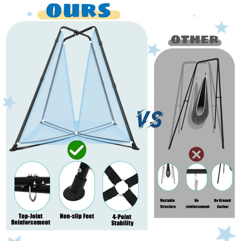 Comparison of All-In-One Swing Stand With Nest Swing Chair And Detachable Play Tent X-shaped frame versus unstable competitor.