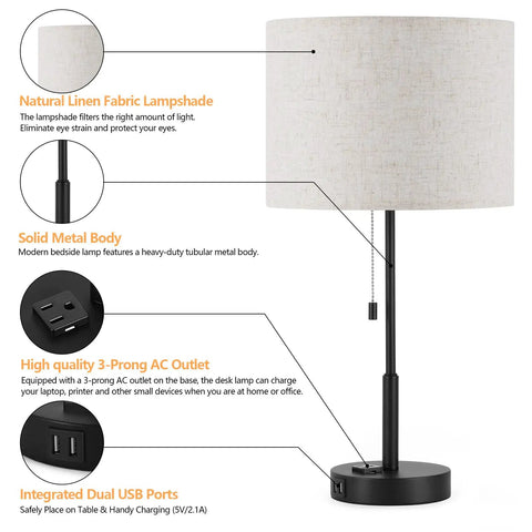 Diagram of Dual USB Table Lamp Set Of 2 With Built-In 3-Prong Outlet, showing linen lampshade, metal body, USB ports, and AC outlet.