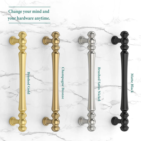Heavy Duty Solid Zinc Alloy Cabinet Pulls Set Of 10 In Champagne Bronze Gold Finish With 5 Inch Hole Centers shown on marble background