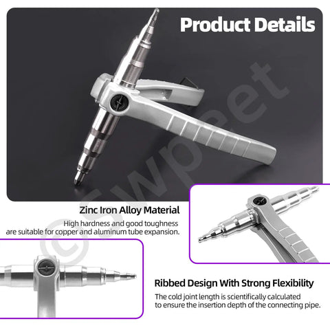 Essential 7 Piece Copper Pipe Tube Expander Tool Kit With 1/4 To 3/4 Inch Swaging Drill Bits showing zinc iron alloy material design.