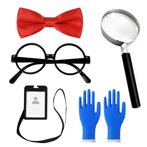 Mad Scientist Costume Kit For Kids With Thick White Lab Coat Goggles Magnifying Glass Gloves And Bow Tie for play and parties