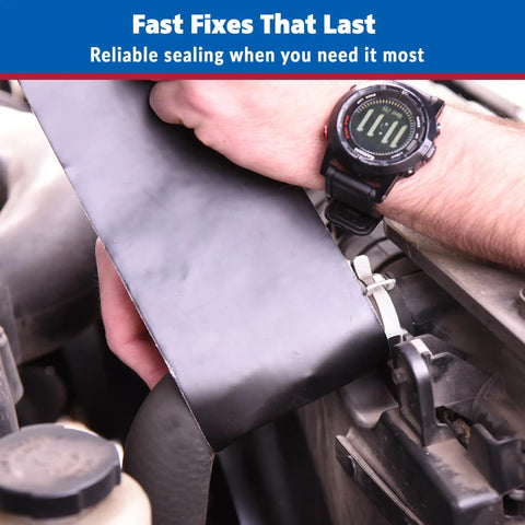 Close-up of Black Butyl Waterproof Repair Tape for Roof Patches and Leaks being applied to a car engine part.