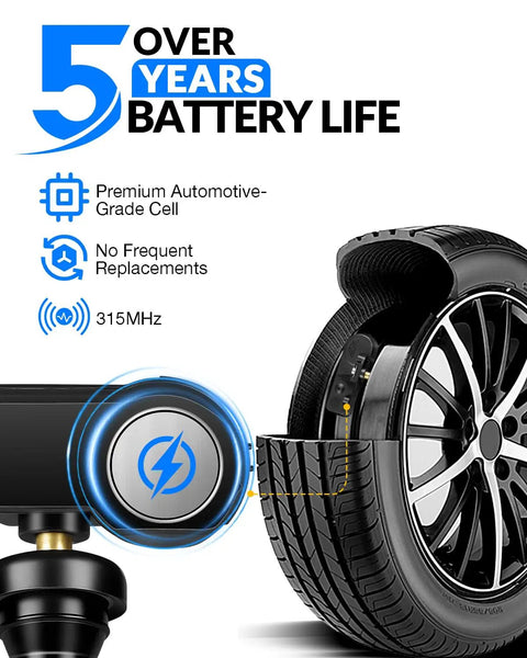 Direct Replacement 315Mhz Tire Pressure Monitoring System Sensor For Gm Trucks Suvs And Cars No Sweat Installation showing battery life guarantee