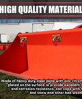 Bull Tough 2 Piece Tractor Bucket Grab Hooks With Half Inch D Ring Shackles And Reinforced Mount Plate For Loader Chain Riggin Up Heavy Loads Yard Work Gold And Red mounted on a tractor bucket.