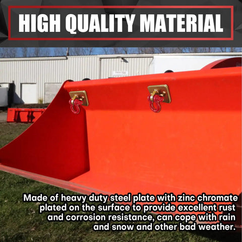 Bull Tough 2 Piece Tractor Bucket Grab Hooks With Half Inch D Ring Shackles And Reinforced Mount Plate For Loader Chain Riggin Up Heavy Loads Yard Work Gold And Red mounted on a tractor bucket.