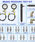 Brake Pressure Tester Universal Gauge Kit 0 To 3500 PSI ABS Hydraulic Oil Pressure Gauge with adapters and fittings layout.