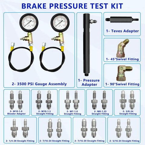 Brake Pressure Tester Universal Gauge Kit 0 To 3500 PSI ABS Hydraulic Oil Pressure Gauge with adapters and fittings layout.