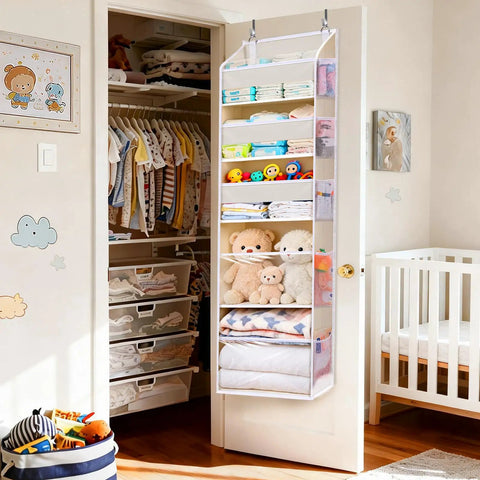 Straight Up Game Changer For Cramped Closets As This Five Tier Over The Door Organizer Packs Ten Dope Mesh Pockets With A Heavy Duty 44 Lb Rating Plus Clear Windows Built For Bulky Kids Toys Or Sneakers In Beige
