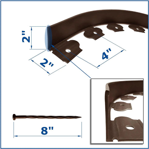 Brown 20 Feet Landscape Edging Kit No Digging With 18 Spikes Durable PE Garden Border Fence For Lawns Easy Install One Spike Per Foot 2 Inch Height Edging Coil image showing edging dimensions and spike length.