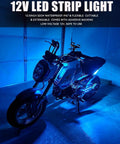 Motorcycle illuminated by Ice Blue 12V LED Light Strips Waterproof 32cm Pack Of 4 For Cars Motorcycles Golf Carts Boats Marine.