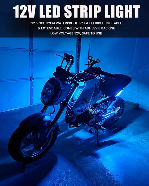 Motorcycle illuminated by Ice Blue 12V LED Light Strips Waterproof 32cm Pack Of 4 For Cars Motorcycles Golf Carts Boats Marine.