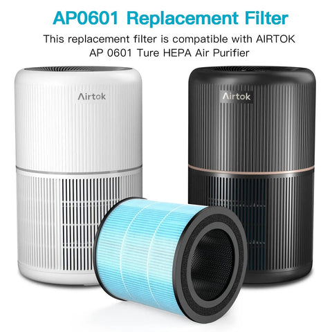 Replacement Filters For AP0601 Air Purifier, 4-In-1 High-Efficiency HEPA Filter, 2 Pack, next to white and black air purifiers