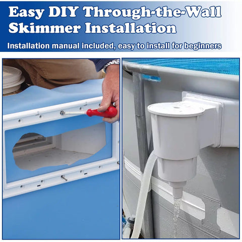 Above Ground Pool Skimmer Kit With Wide Mouth Thru-Wall Opening shown during installation process