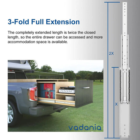 Truck with open drawer showing 36 Inch Beefy Heavy Duty Drawer Slide Without Lock 2 Inch Wide Up To 250 Lb Load Full Extension 3 Fold Ball Bearing Side Mount 1 Pair Ideal For Tool Chests Cabinets Workshop Drawers Durable Steel Construction