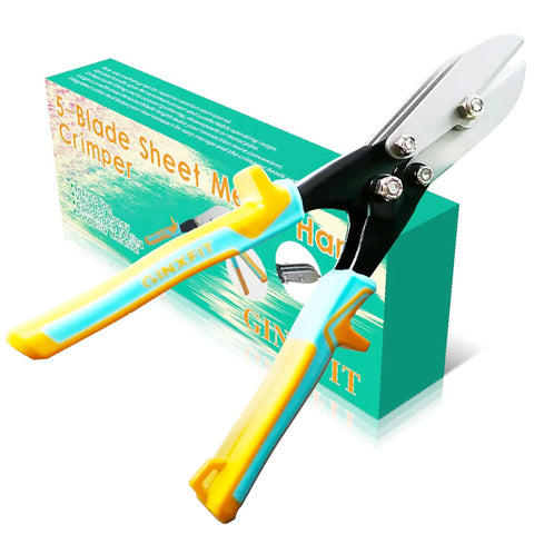 Five Blade Sheet Metal Hand Crimper For Downspouts Ductwork Venting And Stove Pipe Quick Crimp For 20 Gauge Steel And 28 Gauge Stainless Steel Multifunction Tool For HVAC Gutter Round Ductwork And Metal Pipe shown with packaging.