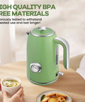 Retro Green 1.7L Stainless Steel Electric Kettle With Temperature Gauge Rapid Boil 1500W Auto Shutoff Boil Dry Protection BPA Free