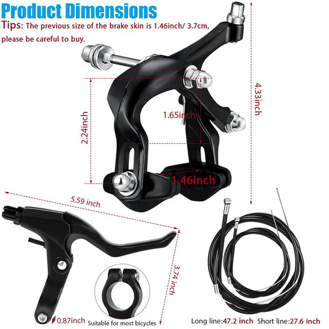 Six Piece Road Bike Brake Caliper Kit With C Shape Aluminum Calipers Levers Housing And Cables Replacement Set dimensions