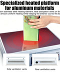 Desktop Cellophane Wrapping Machine With Large HeatingPlate For Tea Box Packaging, user applying heat to aluminum box.