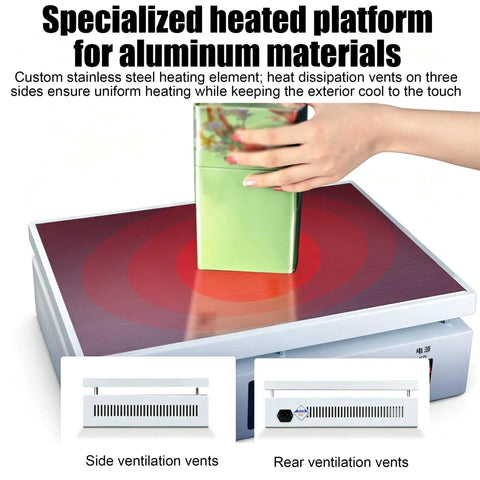 Desktop Cellophane Wrapping Machine With Large HeatingPlate For Tea Box Packaging, user applying heat to aluminum box.