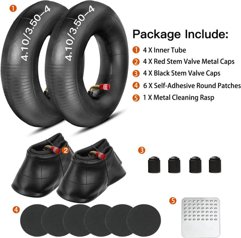 4 Pack 4.10/3.50-4 Inner Tubes With TR87 Bent Valve Stem 10 Inch Heavy Duty Replacement for Lawn Mowers and More, with accessories