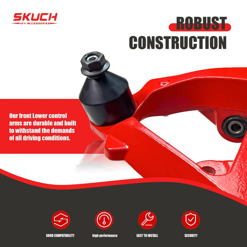 Beefed Up Front End Lower And Upper Control Arms Suspension Kit With 4 Control Arms And Ball Joints Tie Rods And 2 Sway Bars For Chevy GMC Silverado Sierra Avalanche Suburban Yukon XL 1500 Tahoe, red steel lower control arm close-up