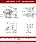SFU1204 Ball Screw NEMA 23 Motor Size Chart with detailed dimensions and specifications for DIY CNC projects
