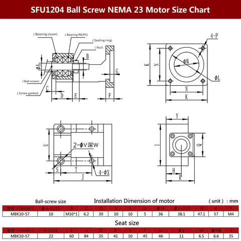 SFU1204 Ball Screw NEMA 23 Motor Size Chart with detailed dimensions and specifications for DIY CNC projects