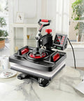 Akeydiy Pro 8 In 1 Heat Press Machine Sublimation System 12 By 15 Inch shirt maker on a marble table with mugs and plates.
