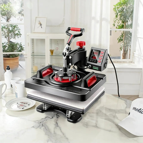 Akeydiy Pro 8 In 1 Heat Press Machine Sublimation System 12 By 15 Inch shirt maker on a marble table with mugs and plates.