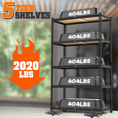 Beefy Heavy Duty Five Tier Metal Storage Shelving Unit For Kitchen Garage And Laundry Room Adjustable 73 Inch Tall, total 2020 lbs capacity