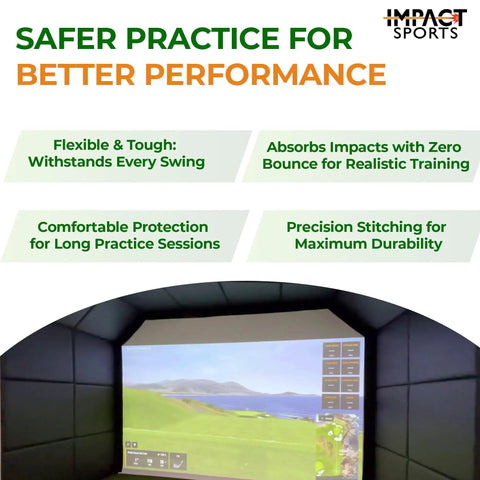 Image of Solid Hit Different Golf Simulator Wall Padding Set High Density Acoustic Foam Panels Wrapped In Durable Pu Leather Faceplate in practice setup.