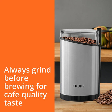Krups Electric Coffee Grinder With 3 Oz Capacity And 200 Watt Motor Grinds Beans, Spices, And Nuts Easily, stainless steel design.