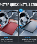 Two-step installation guide for Solid Cruiser Steering Desk For Tesla Cybertruck Foundation Series 2024 To 2026 on steering wheel.