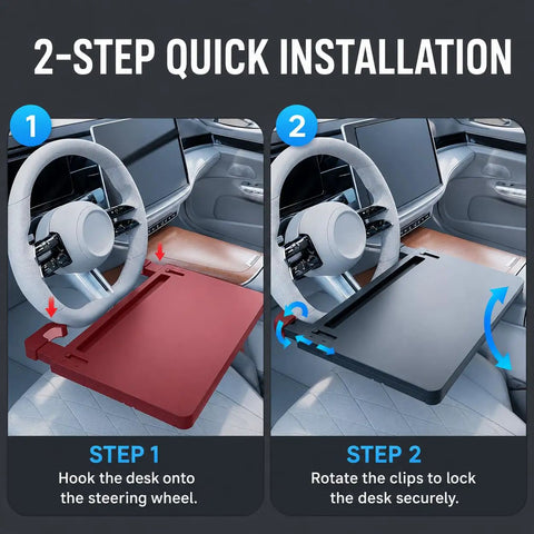 Two-step installation guide for Solid Cruiser Steering Desk For Tesla Cybertruck Foundation Series 2024 To 2026 on steering wheel.