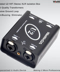 U2 Pro XLR To 1/4 Inch AUX HiFi Audio Isolation Box With Ground Loop Eliminator, top view showing dual inputs and outputs.