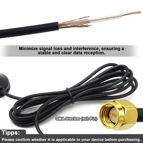 Close-up of the 10-foot RG174 cable with SMA connector for Real Game Changer High Gain Cellular Booster Antenna.