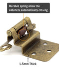 Self Closing Hidden Kitchen Cabinet Hinge Three Eighth Inch Inset Antique Brass 6 Pack; close-up of hinge mechanism with spring