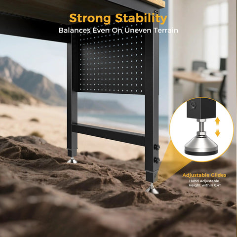 Rock Solid Heavy Duty Adjustable Workbench With 47.64 Inch Surface, 2000 Lb Load Capacity, leg stabilizers on sandy terrain