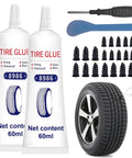 24 Pcs Tire Plug Repair Kit with Key Tools and 120ml Powerful Patch Glue displayed with two glue tubes, plugs, and a tire.