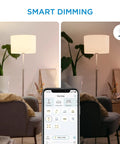 Split view of Motion Activated A21 Daylight LED Smart Bulb with app, showing dimming feature in a cozy living room setting.