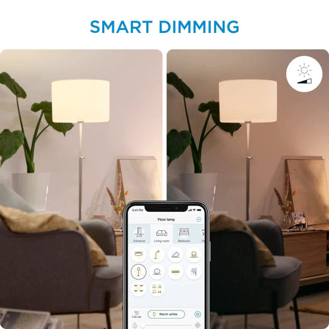Split view of Motion Activated A21 Daylight LED Smart Bulb with app, showing dimming feature in a cozy living room setting.