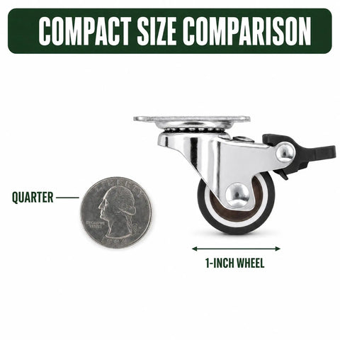 Top Notch 1 Inch Swivel Caster Wheels Set Of 4 Featuring Rock Solid Brake Locks For Couches Tables Planters And Drawers, size comparison with quarter.