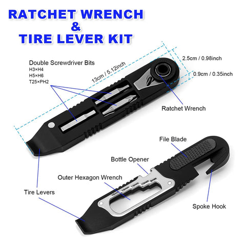 All In One 14 In 1 Bike Multitool with tire levers, mini ratchet wrench, cone wrenches, file blade, bottle opener, and spoke hook