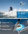 2K HD Camera Drone With FPV For Adults flying near surfer, highlighting brushless motor features of stable flight and wind resistance.