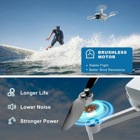 2K HD Camera Drone With FPV For Adults flying near surfer, highlighting brushless motor features of stable flight and wind resistance.
