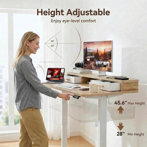 User adjusting Electric Standing Desk With Two Drawers Sit To Stand Height Adjustable Computer Desk With Storage Shelf 47 By 24 Inch Oak Finish