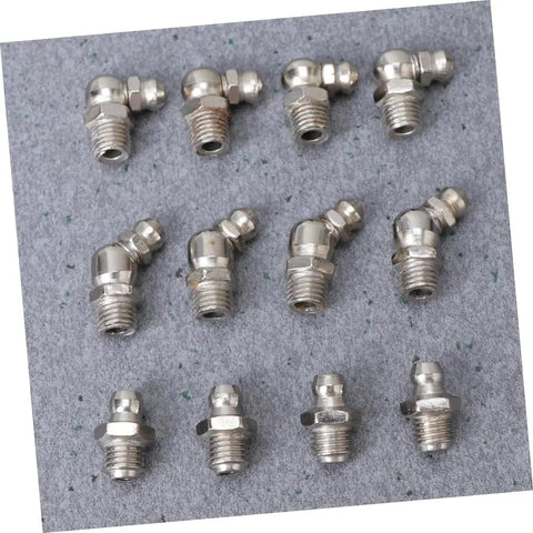Pro Grade Grease Fittings Kit 45 Piece Assortment M8x1 Straight and 90 Degree Angled Zerk Fittings on grey background