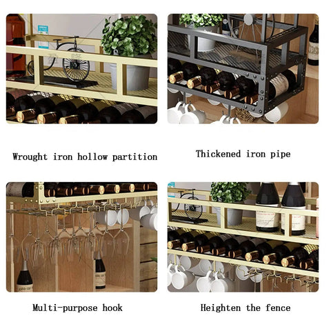Beast 3 In 1 Ceiling Mounted Wine Rack With Glass Holder And Bottle Storage showing iron structure, wine and glass storage options.