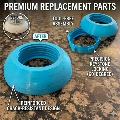 Locking Base Replacement For Frozen Concoction Makers, Reinforced Crack-Resistant Pitcher Bottom Cap in blue on a granite counter
