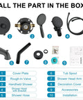 All parts of Matte Black Shower System With Tub Spout And 2 In 1 Rainfall Head With Handheld, 3 Way Diverter Valve Kit